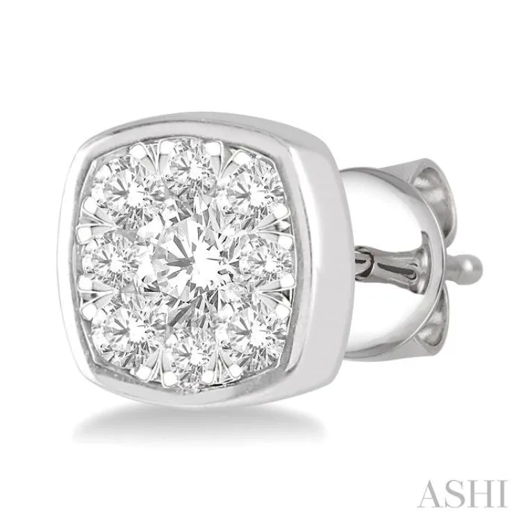 1/2 ctw Cushion Shape Round Cut Diamond Lovebright Stud Earring in 14K White Gold