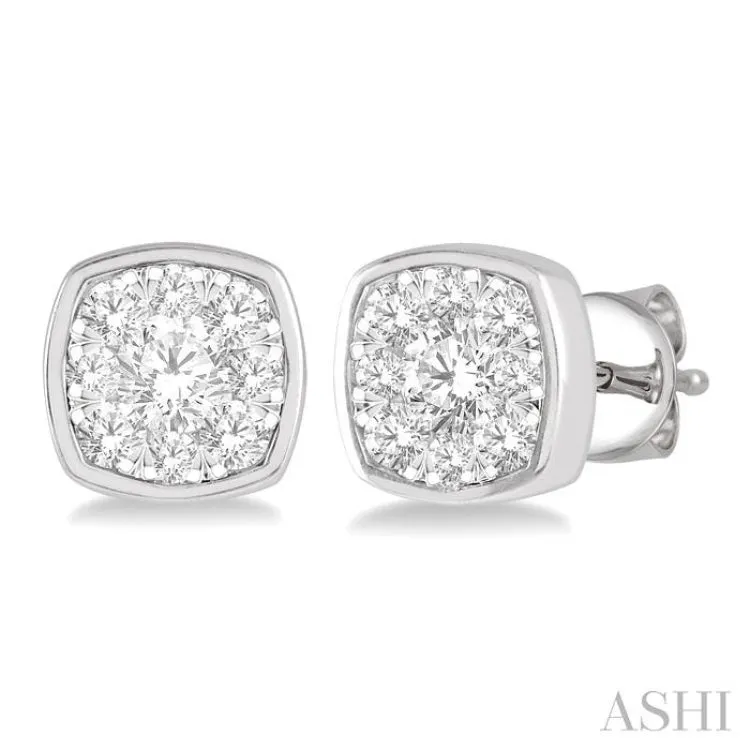 1/2 ctw Cushion Shape Round Cut Diamond Lovebright Stud Earring in 14K White Gold