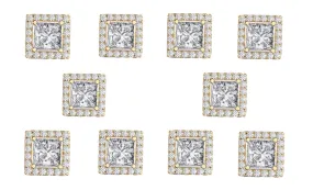 18k Yellow Gold Plated 1/2Ct Square Cut White Sapphire Set of Five Halo Stud Earrings
