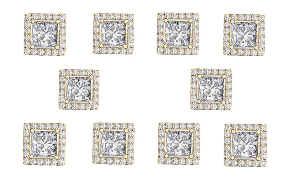18k Yellow Gold Plated 1/2Ct Square Cut White Sapphire Set of Five Halo Stud Earrings