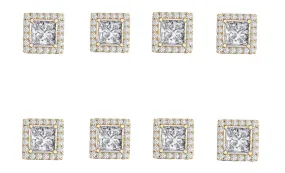 18k Yellow Gold Plated 1/2Ct Square Cut White Sapphire Set of Four Halo Stud Earrings