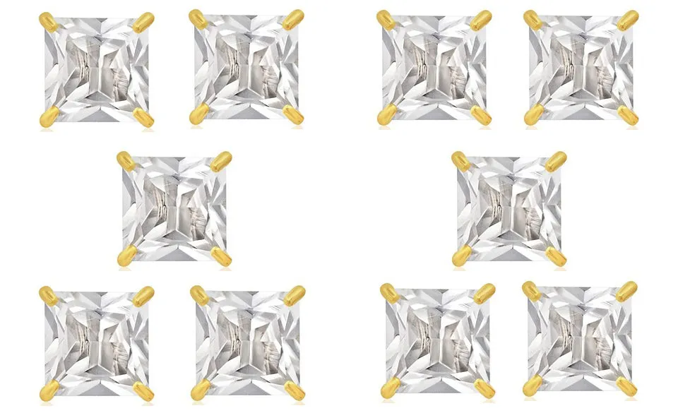 18k Yellow Gold Plated 1Ct Square Cut White Sapphire Set Of Five Stud Earrings