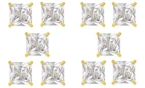 18k Yellow Gold Plated 1Ct Square Cut White Sapphire Set Of Five Stud Earrings