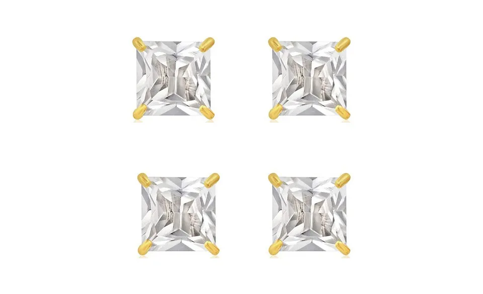 18k Yellow Gold Plated 1Ct Square Cut White Sapphire Set Of Two Stud Earrings