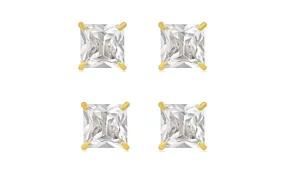 18k Yellow Gold Plated 1Ct Square Cut White Sapphire Set Of Two Stud Earrings
