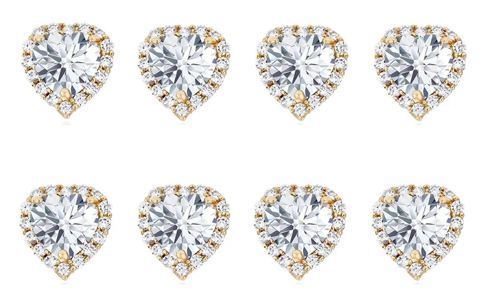 18k Yellow Gold Plated 3Ct Heart White Sapphire Set of Four Halo Stud Earrings