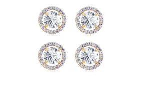 18k Yellow Gold Plated 3Ct Round White Sapphire Set of Two Halo Stud Earrings