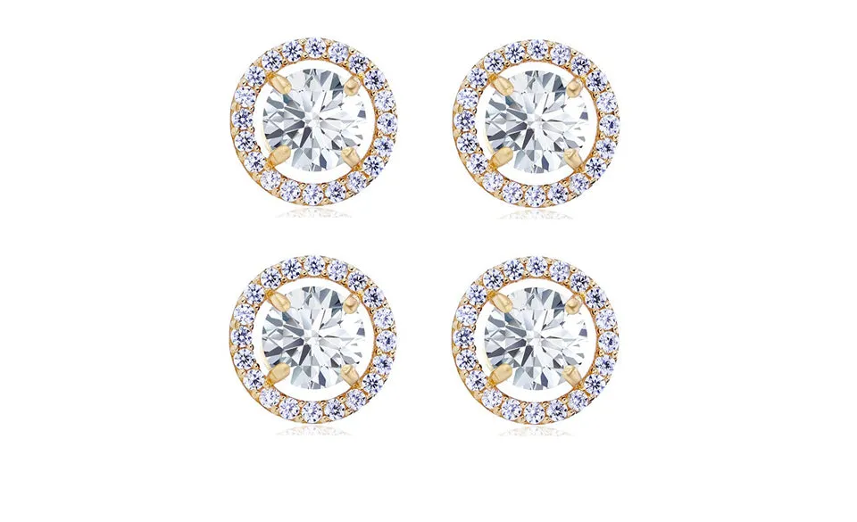 18k Yellow Gold Plated 3Ct Round White Sapphire Set of Two Halo Stud Earrings