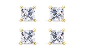 18k Yellow Gold Plated 4Ct Princess Cut White Sapphire Set Of Two Stud Earrings