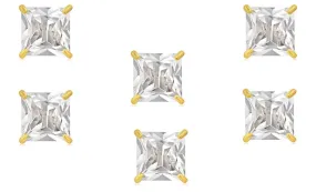 18k Yellow Gold Plated 4mm 2Ct Square Cut White Sapphire Set Of Three Stud Earrings